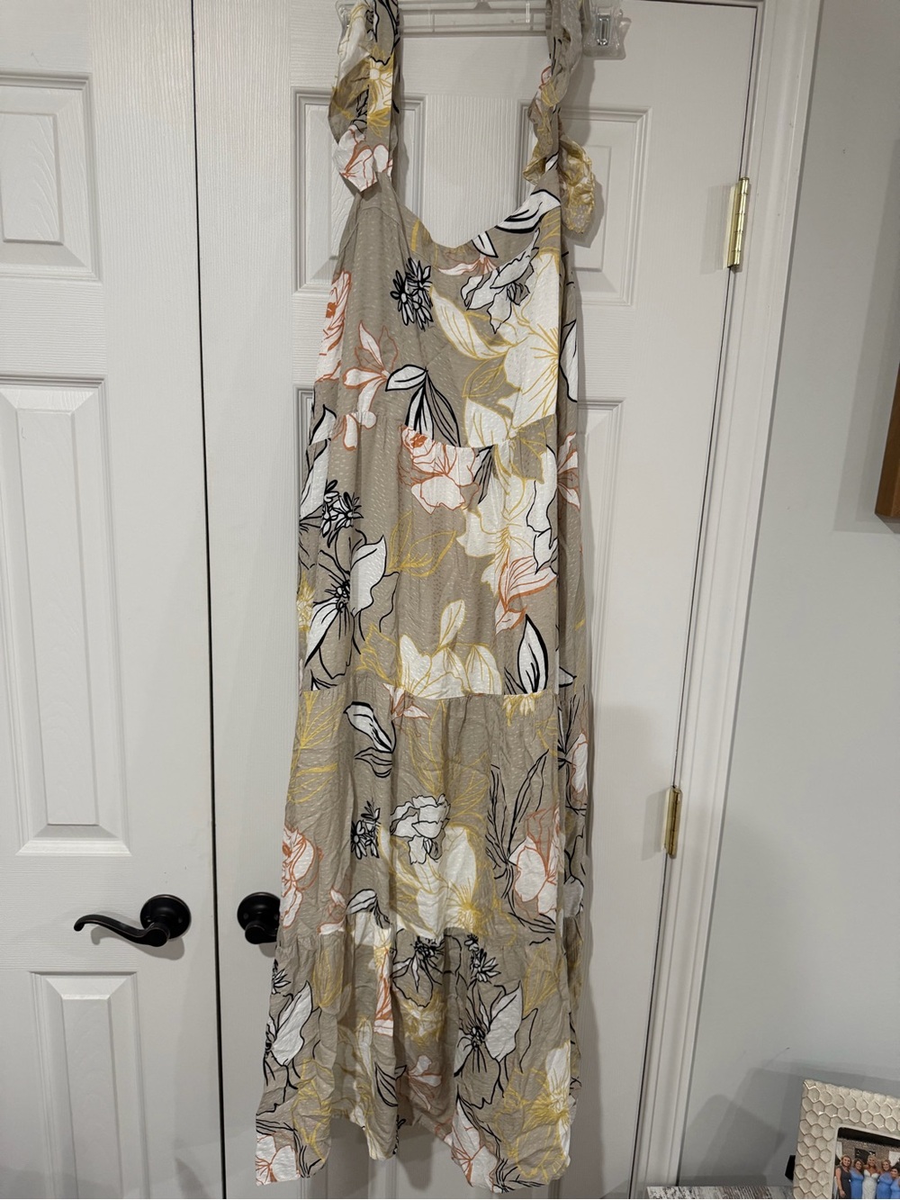 Tribal Floral Ruffle-Strap Maxi Dress in Taupe, White, Yellow, and Black